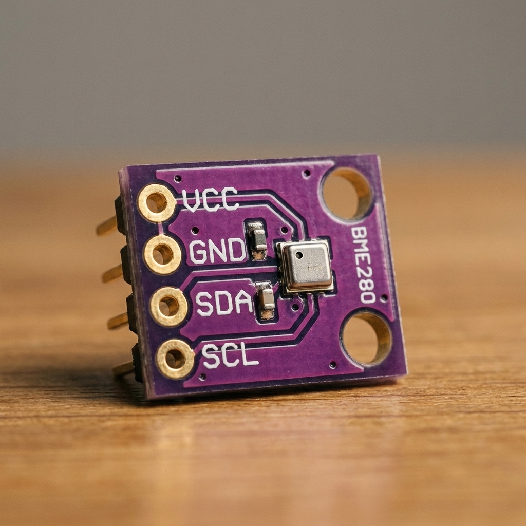 A BME280 sensor breakout board showing the labeled pins for VCC, GND, SDA, and SCL.