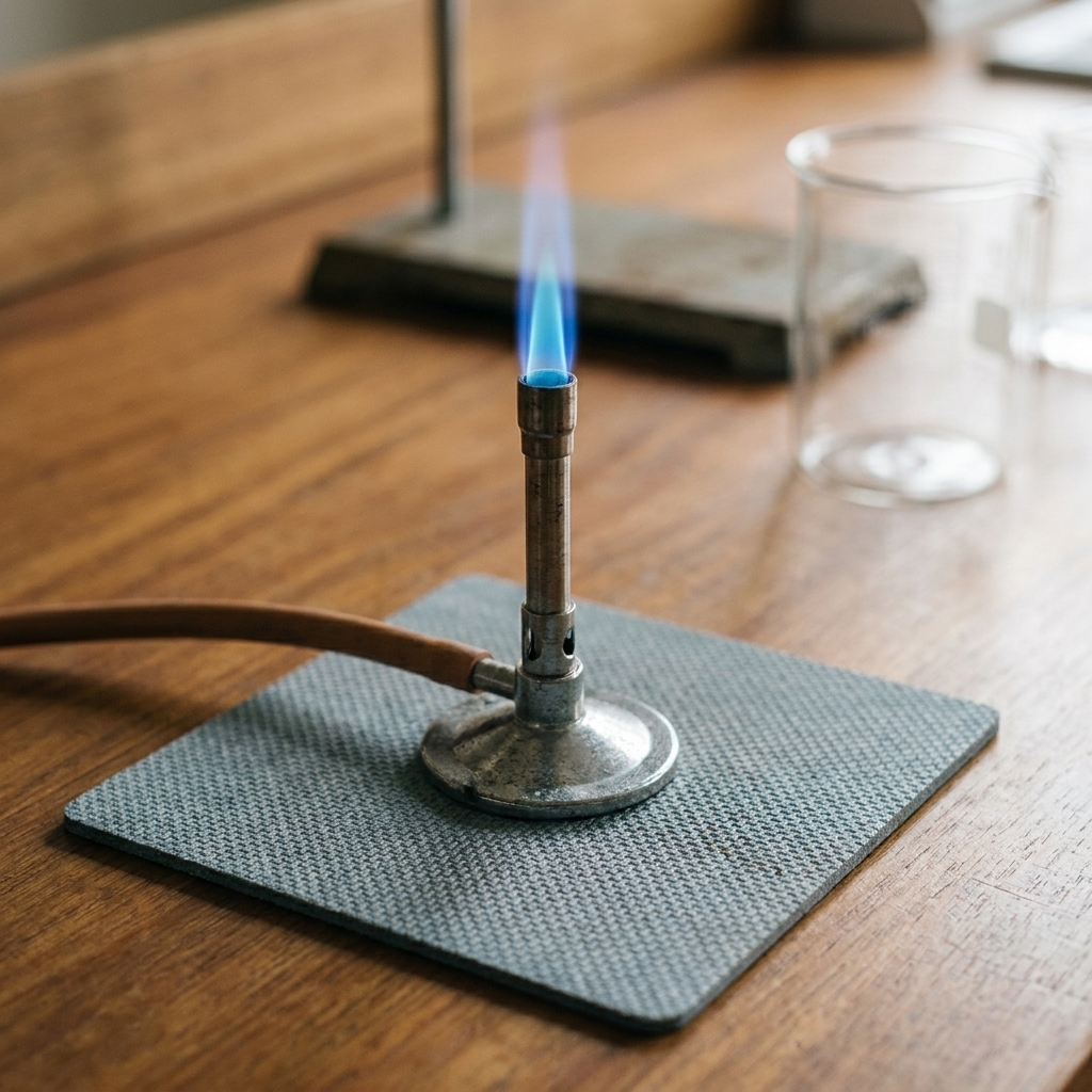 A Bunsen burner producing a steady blue flame on a lab bench with a heat-resistant mat underneath