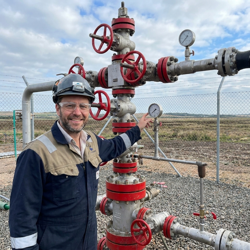 A CO2 injection wellhead with valves and pressure gauges at a fenced industrial site with a drilling pad and open landscape