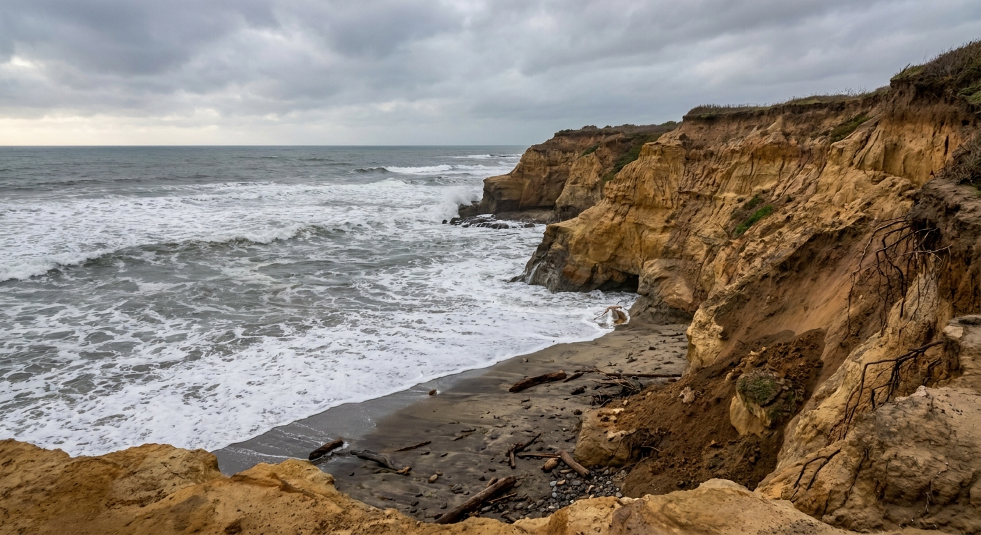 A California beach at high water with waves reaching close to a coastal bluff and a narrow strip of wet sand remaining, showing signs of recent erosion