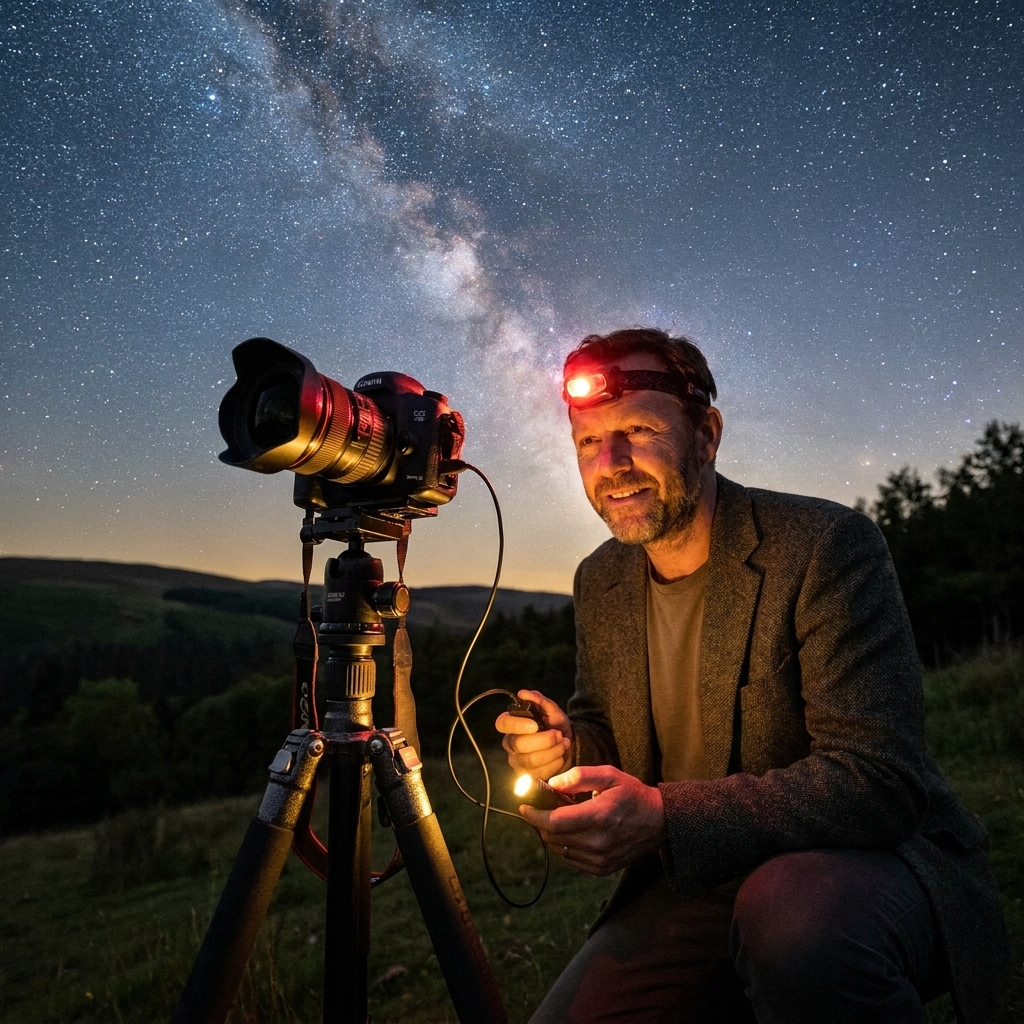 A DSLR on a tripod pointed toward a starry sky at night, with a wide-angle lens and a small remote shutter release attached