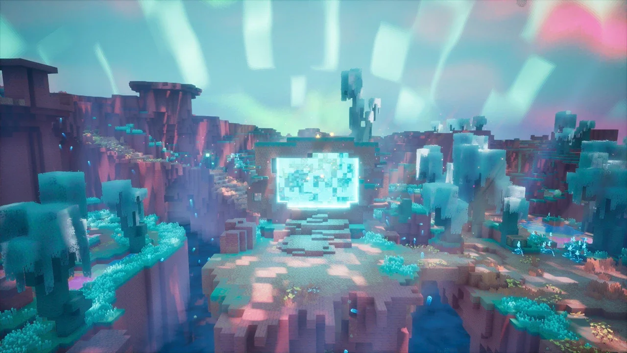 A Minecraft character standing on floating stone walkways suspended over a barren landscape, with open sky and distant floating structures
