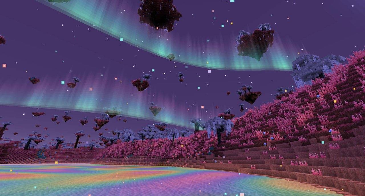 A Minecraft landscape under a bright turquoise sky with a colorful aurora stretching across the horizon, with alien-looking terrain in the foreground