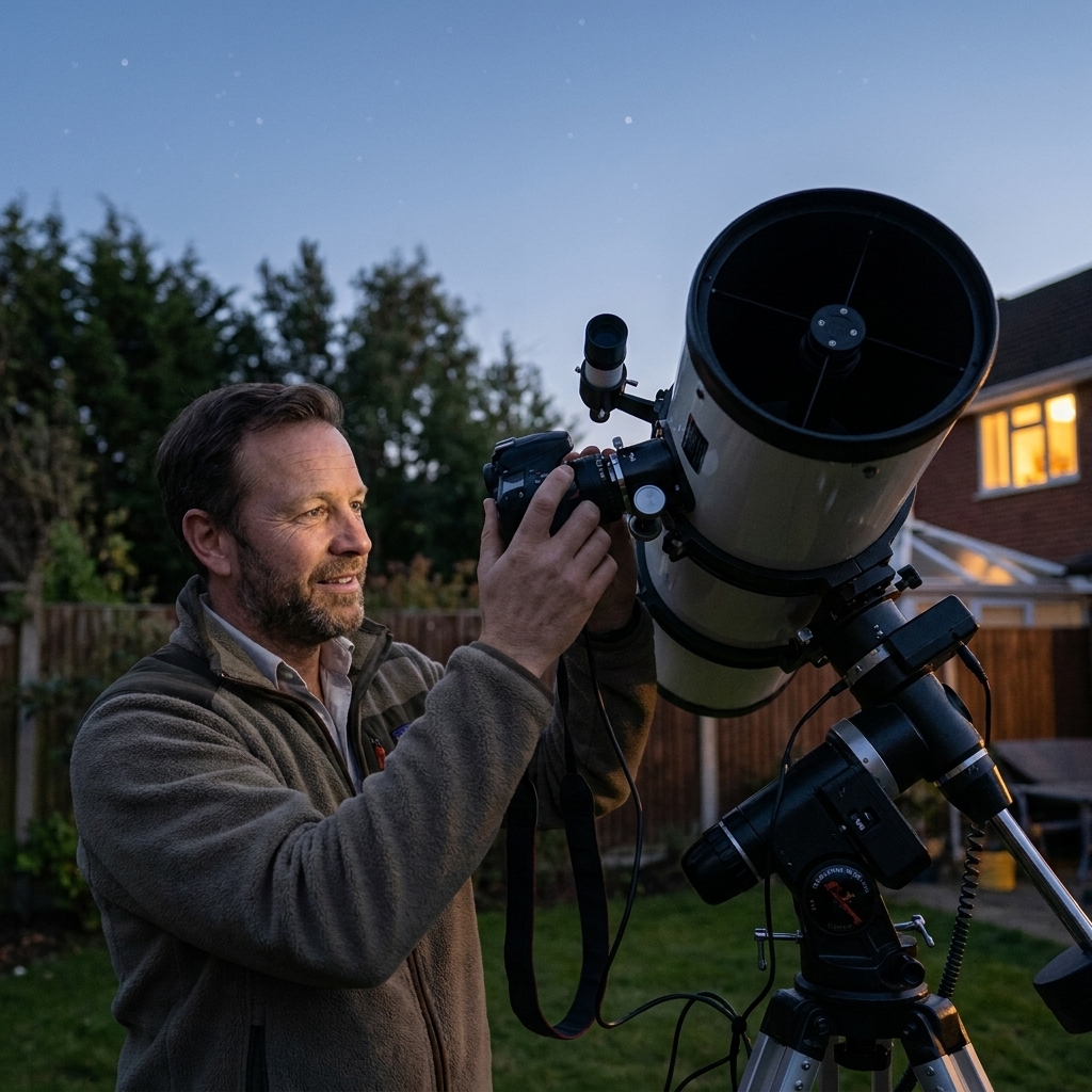 A Newtonian reflecting telescope mounted on an equatorial mount with a camera attached at the focuser, set up in a backyard at dusk