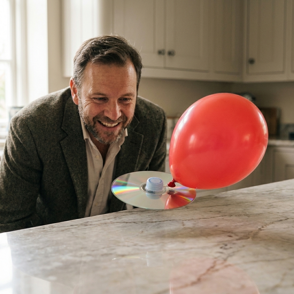 A balloon attached to a CD with a bottle cap in the center, gliding across a smooth kitchen counter