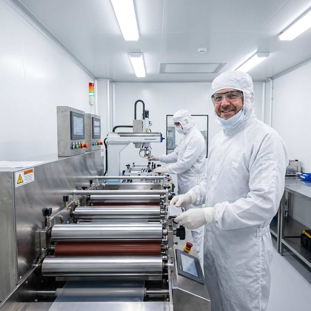 A battery manufacturing clean room with technicians in protective suits working beside industrial coating and assembly equipment