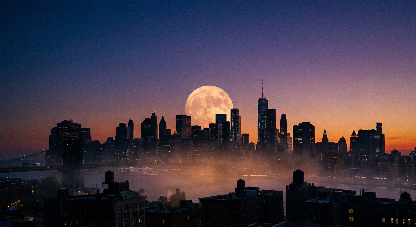 A bright Moon low over a city skyline at twilight, with buildings in silhouette and light haze near the horizon