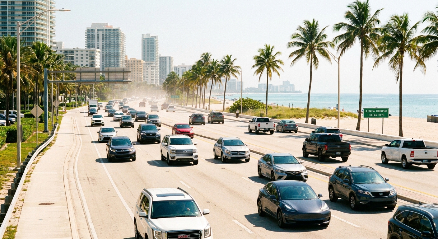 A bright daytime coastal highway in Leonida with palms, modern traffic, and heat haze softening distant high rises along a flat horizon.