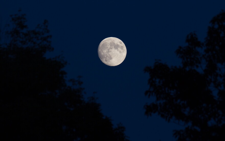 A bright full Moon seen against a dark night sky.