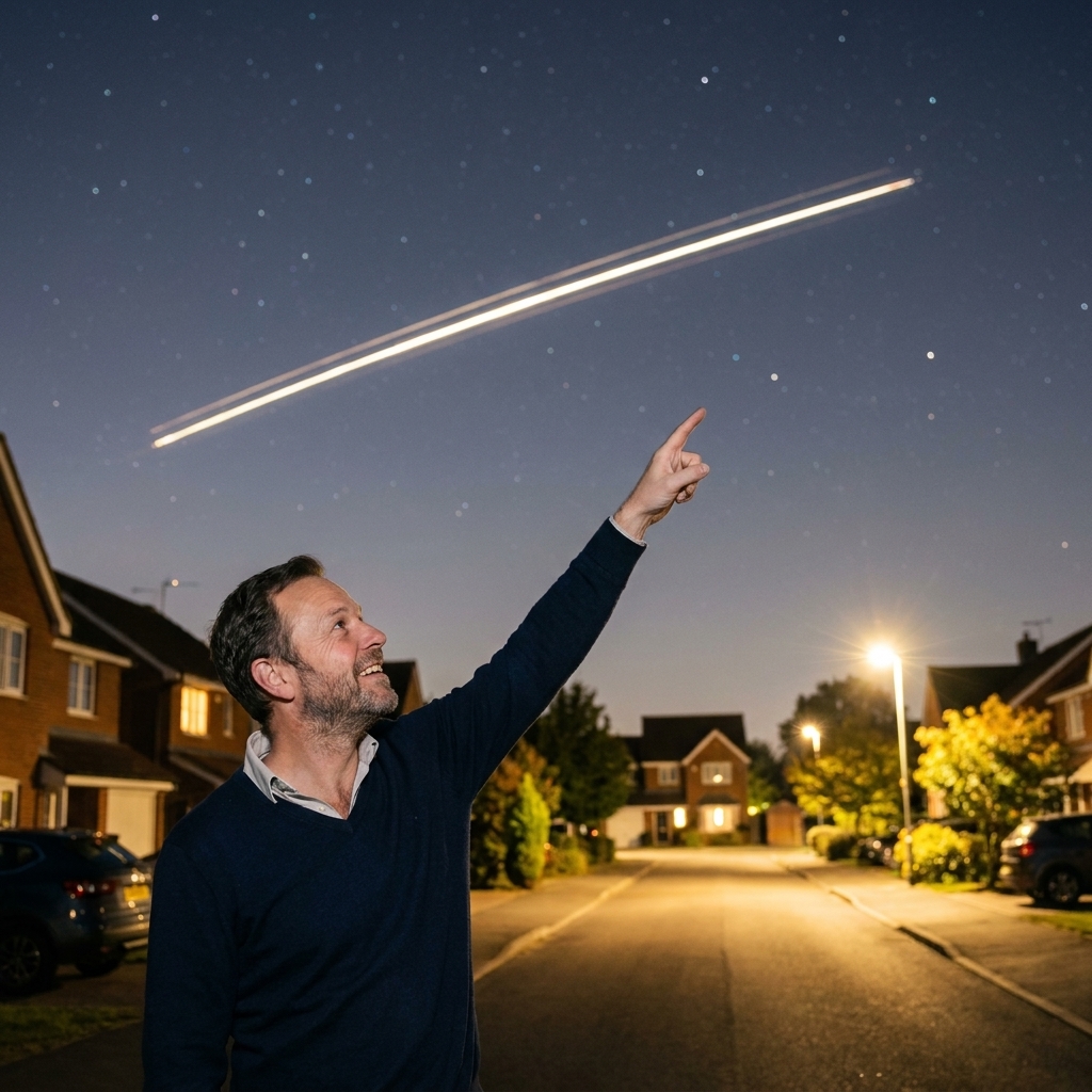 A bright streak from the International Space Station moves across a starry sky above a quiet neighborhood