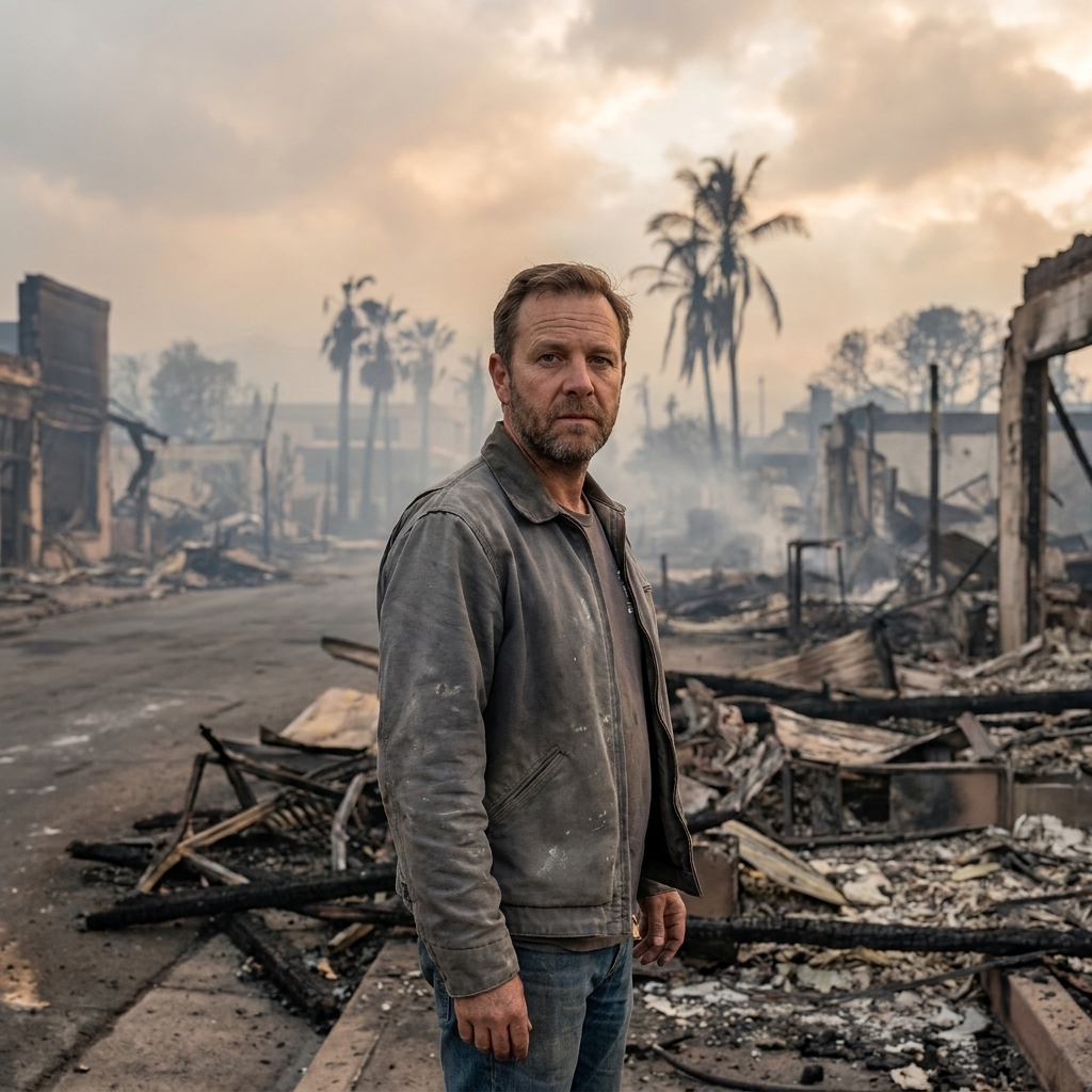 A burned streetscape in Lahaina with charred building remains and hazy smoke in the background after the 2023 Maui wildfires