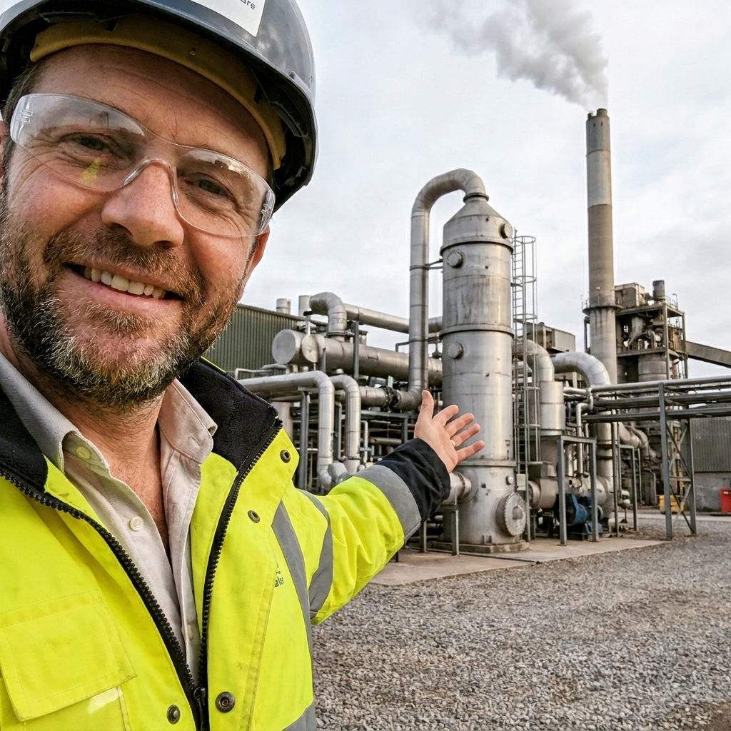 A cement plant with a large exhaust stack and adjacent industrial capture equipment and piping at an operating site