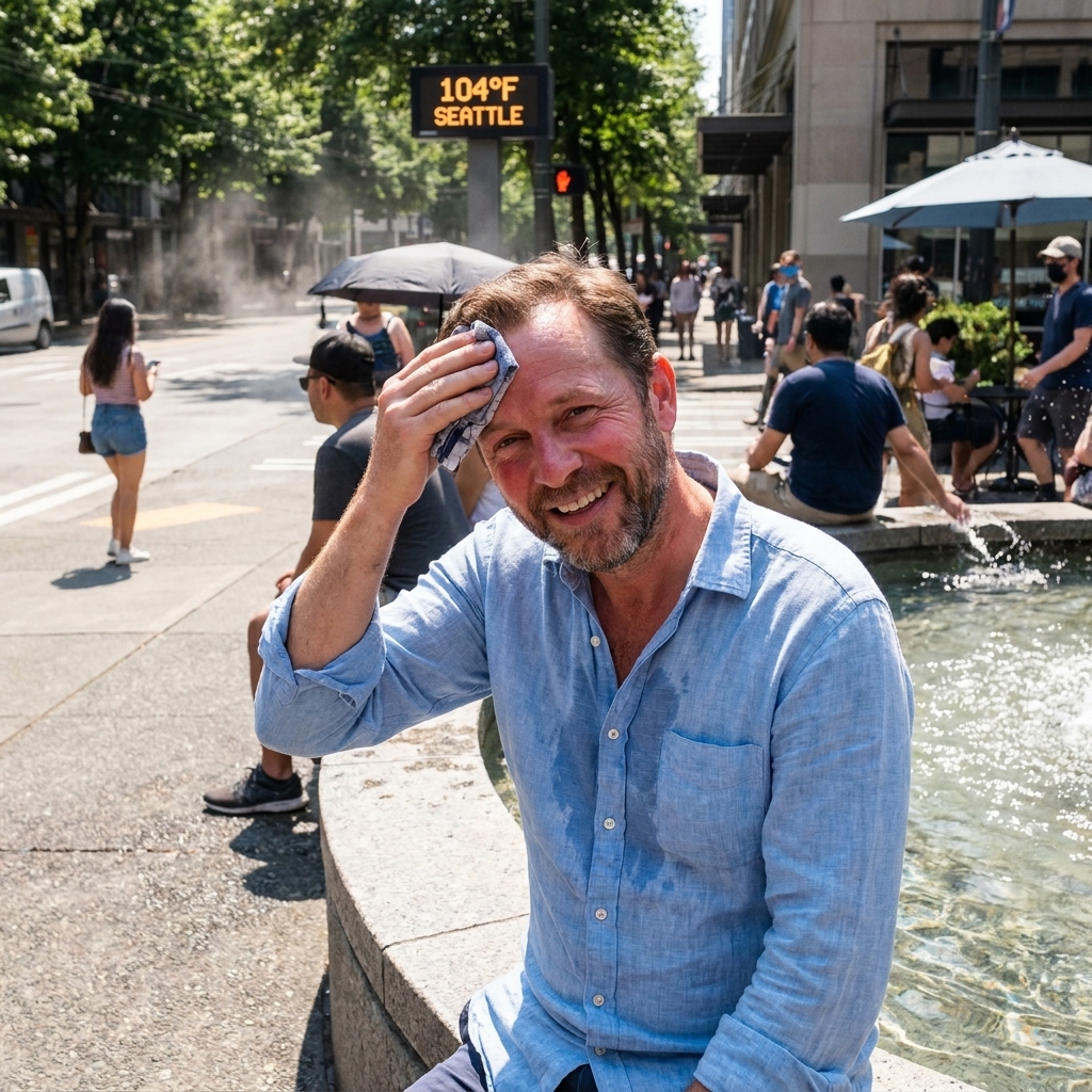 A city street shimmering in intense heat with people seeking shade near a public fountain during the 2021 Pacific Northwest heat dome