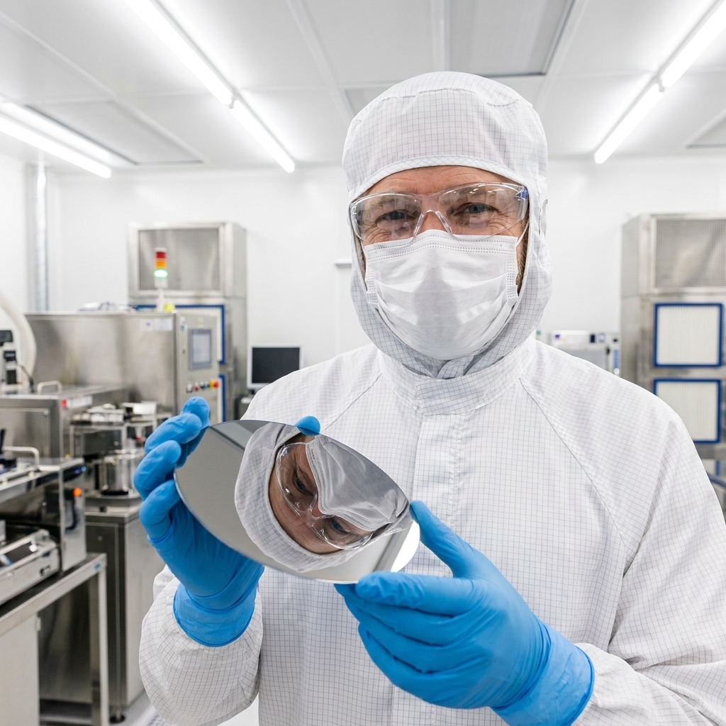 A cleanroom technician holding a reflective silicon wafer under bright cleanroom lights, wearing a full protective suit and gloves