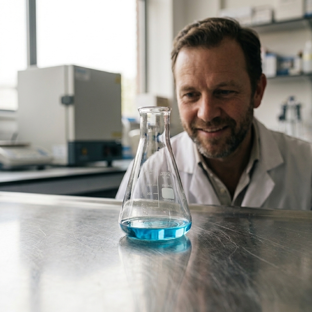 A clear borosilicate Erlenmeyer flask sitting on a stainless steel lab bench with a small amount of blue solution inside