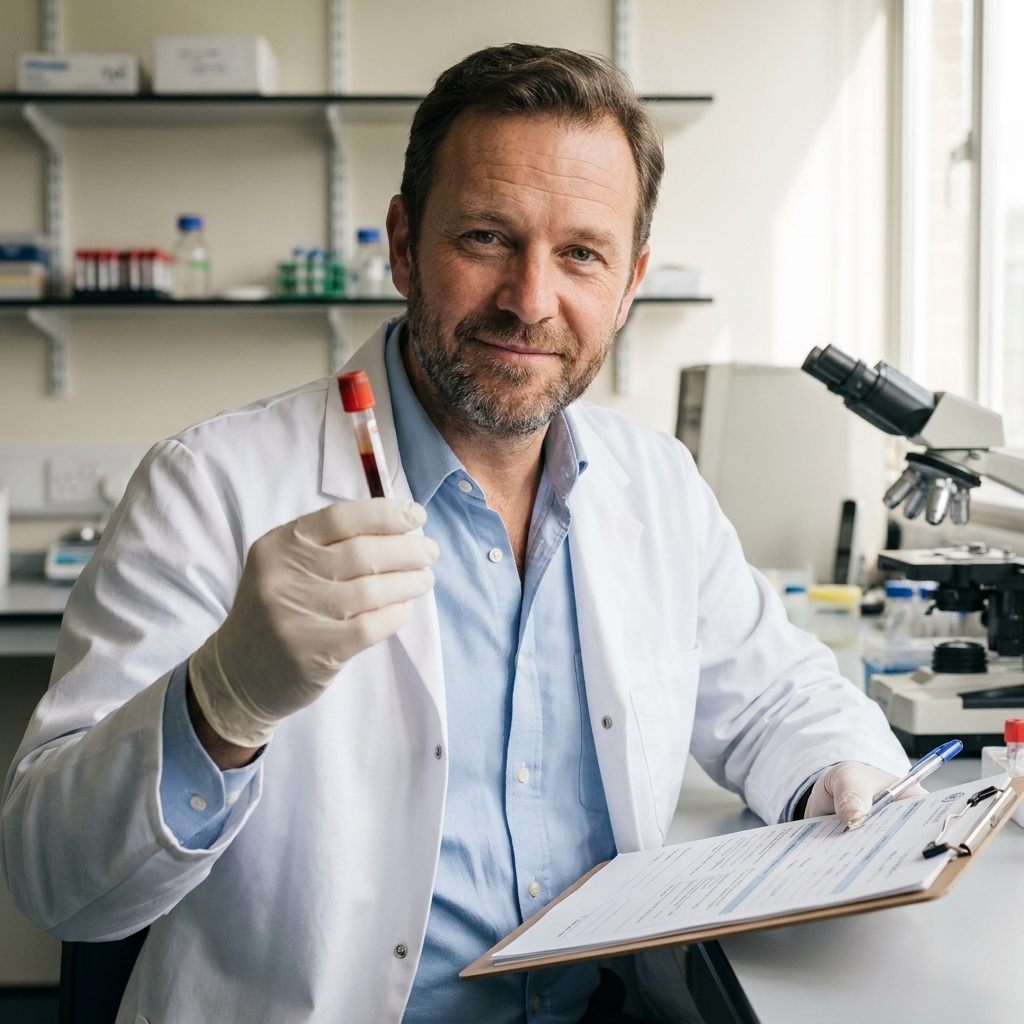 A clinician holding a blood sample tube next to lab paperwork