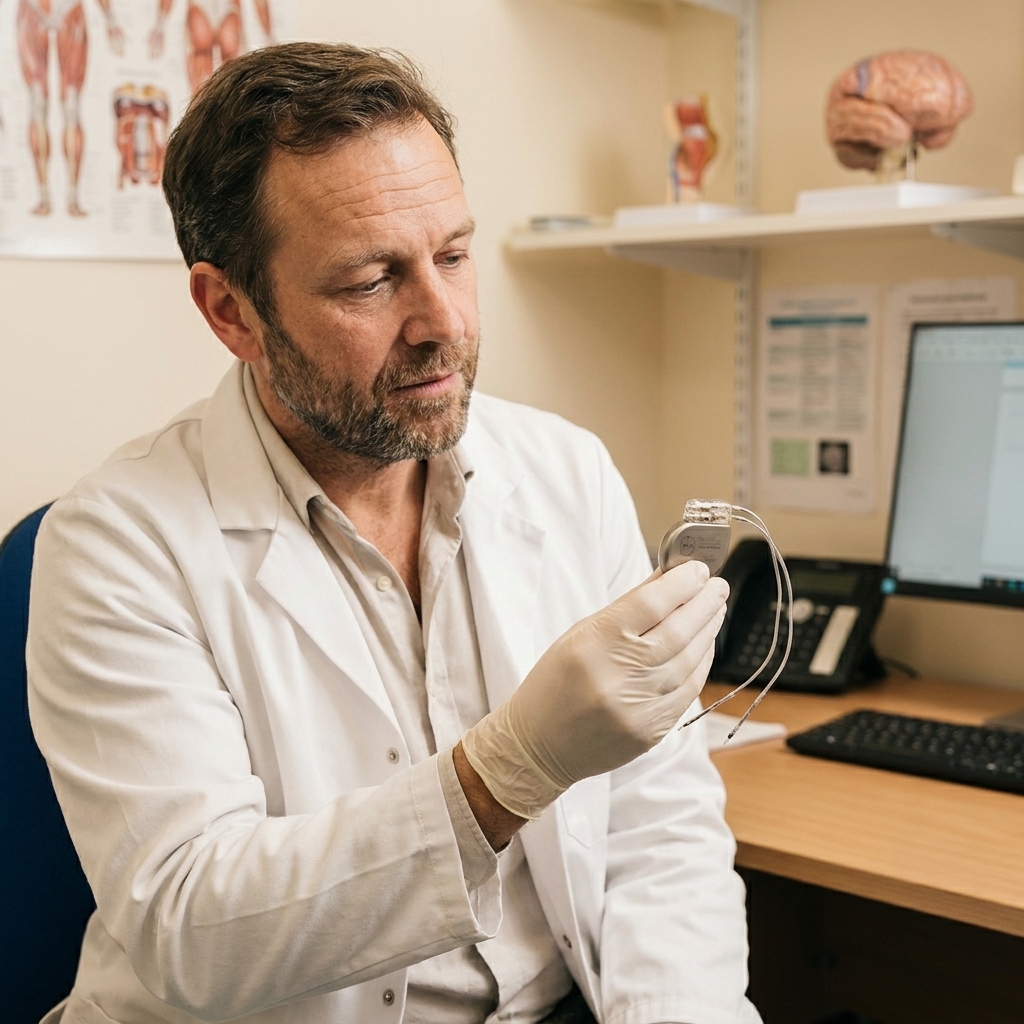 A clinician holding a small implantable neurostimulation device used for epilepsy treatment in a medical office setting