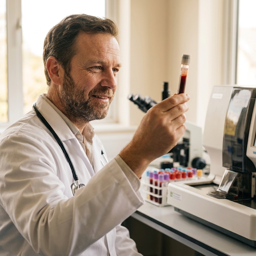 A clinician holding a vial of blood in a medical lab setting, with test tubes and analysis equipment visible behind the hand
