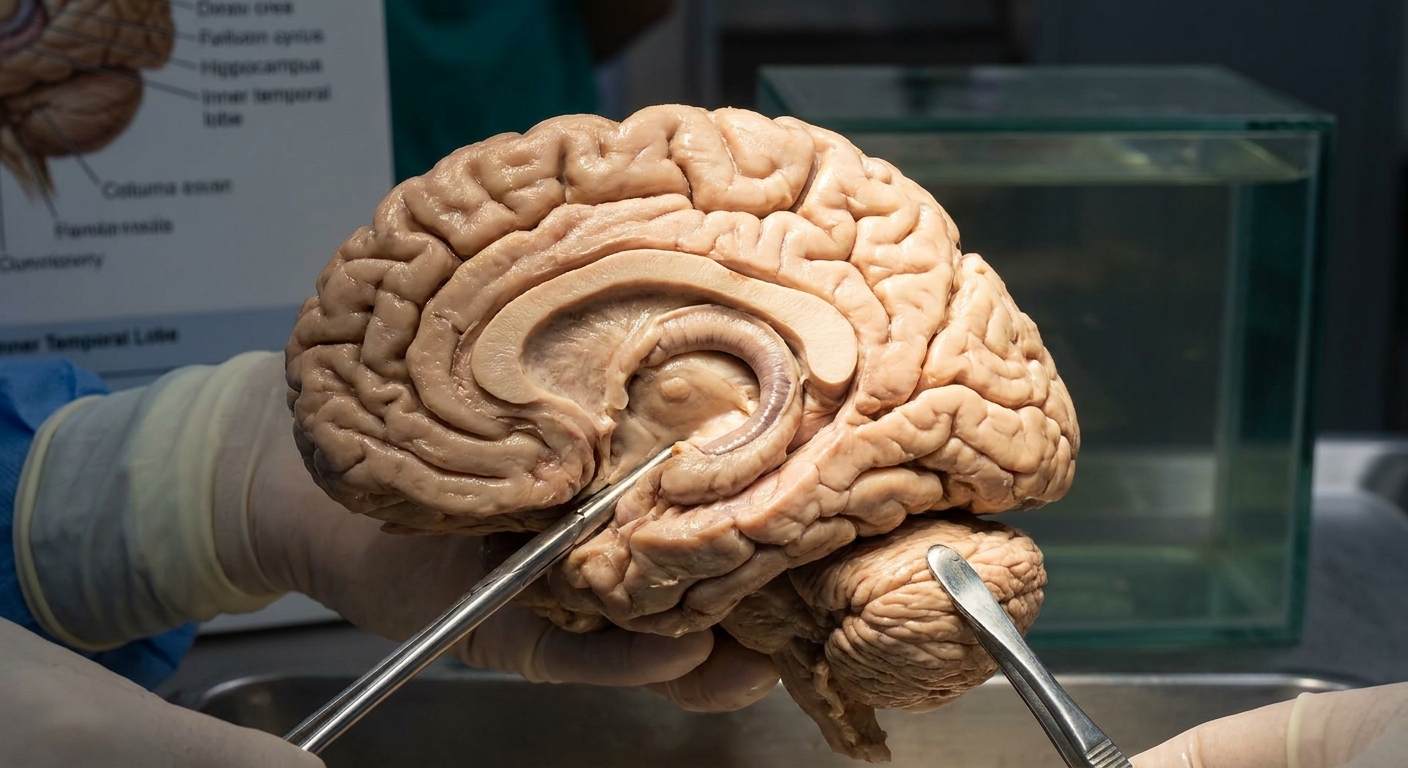 A close-up anatomical view of a real human brain specimen showing the inner temporal lobe region where the hippocampus sits