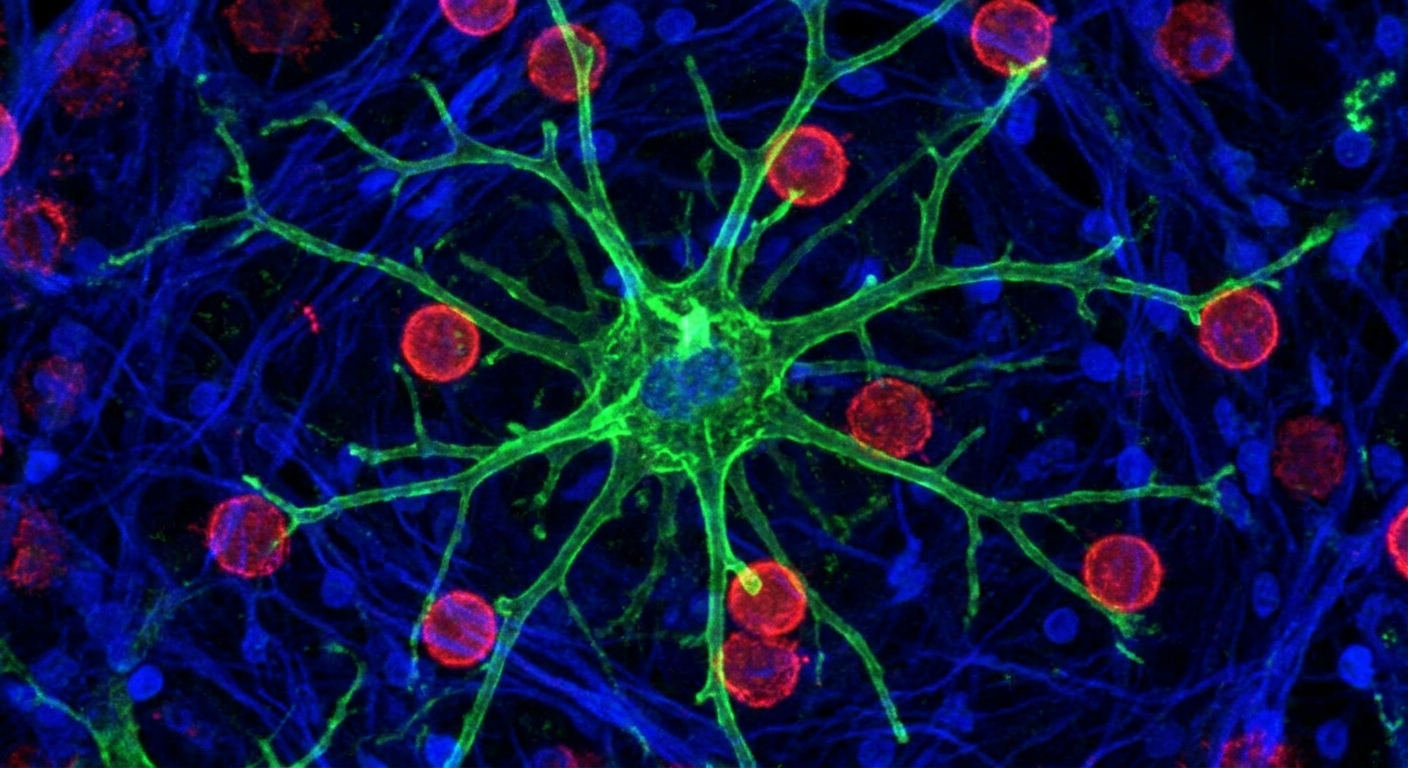 A close-up image of a dendritic immune cell making contact with multiple T cells in lymph tissue