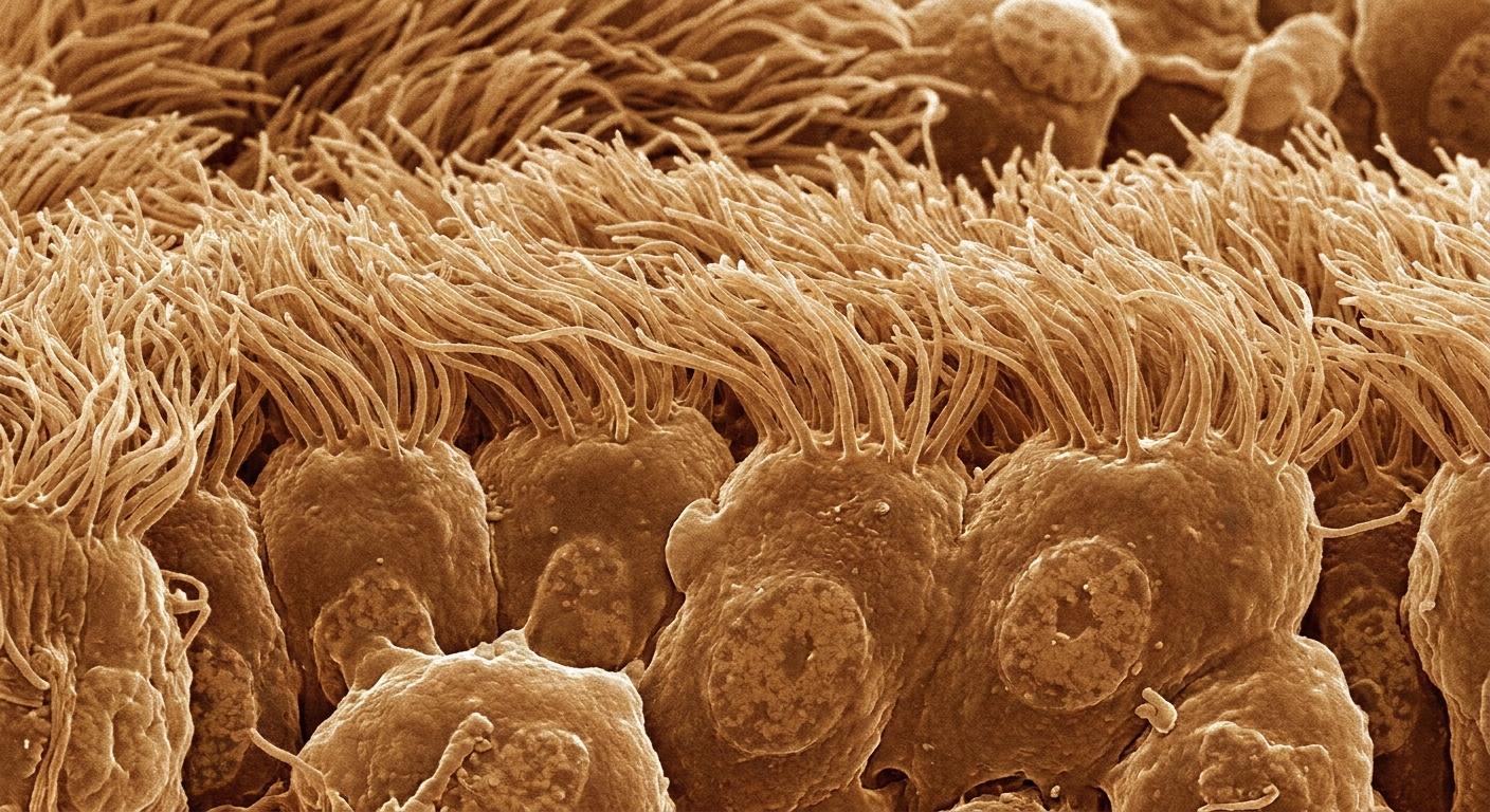 A close-up image of the human airway lining showing a dense layer of cilia on the surface of epithelial cells