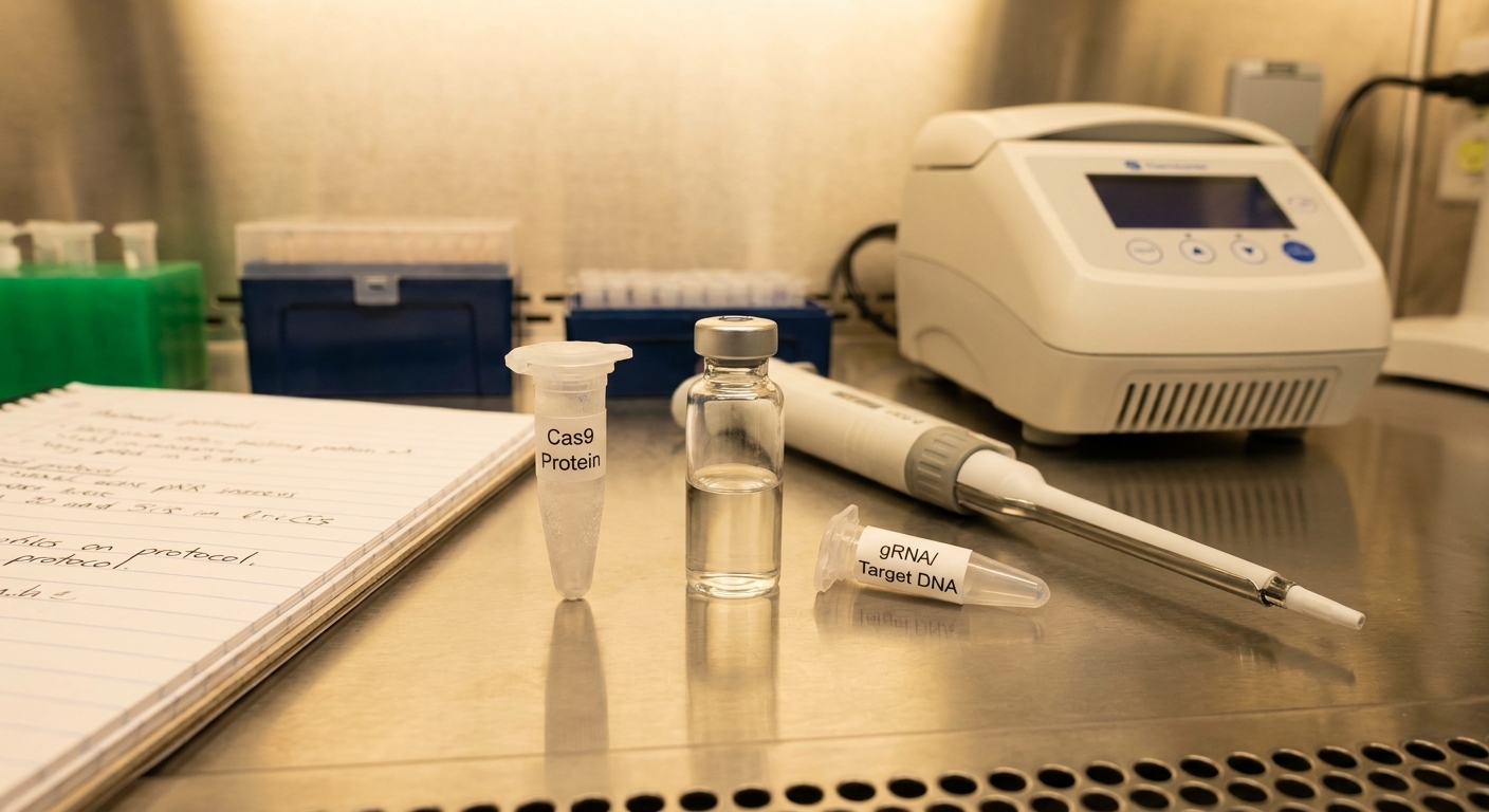 A close-up laboratory photograph of a purified protein sample and DNA preparation on a bench, representing a Cas9 gene-editing setup