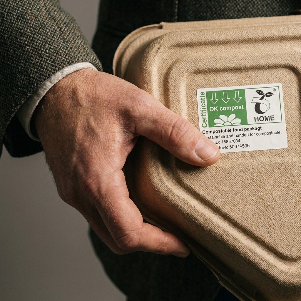 A close-up photo of a hand holding compostable food packaging with a certification logo visible on the label
