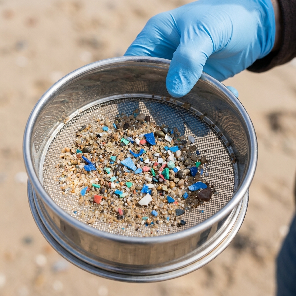 A close-up photograph of a researcher’s gloved hand holding a sieve with tiny plastic fragments collected from beach sand