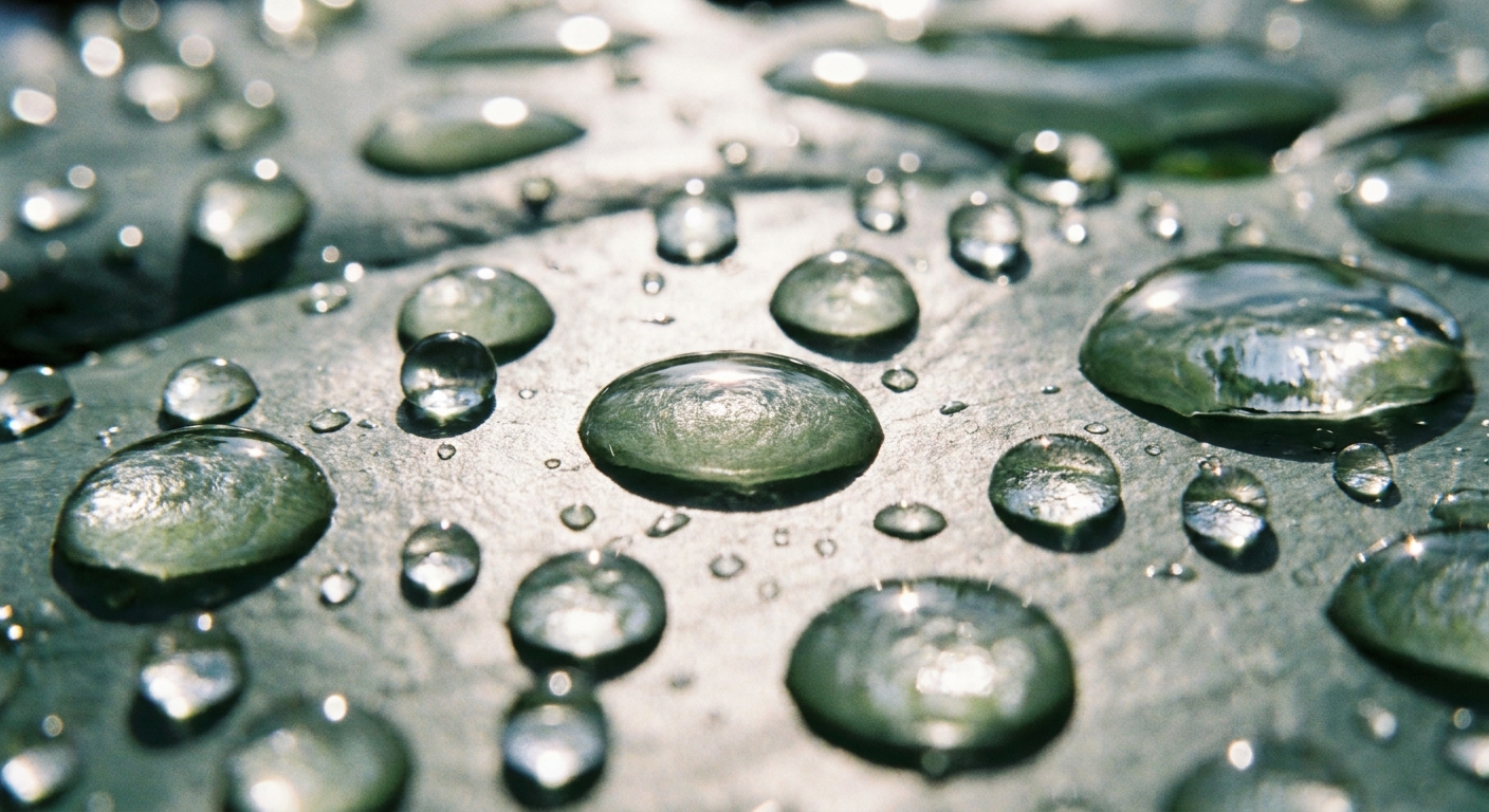 A close-up photograph of clear water droplets clinging to a smooth surface, showing reflections and highlights