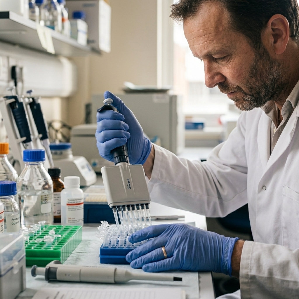 A close-up photograph of gloved hands using a pipette to transfer liquid into small tubes on a lab bench with racks and reagents