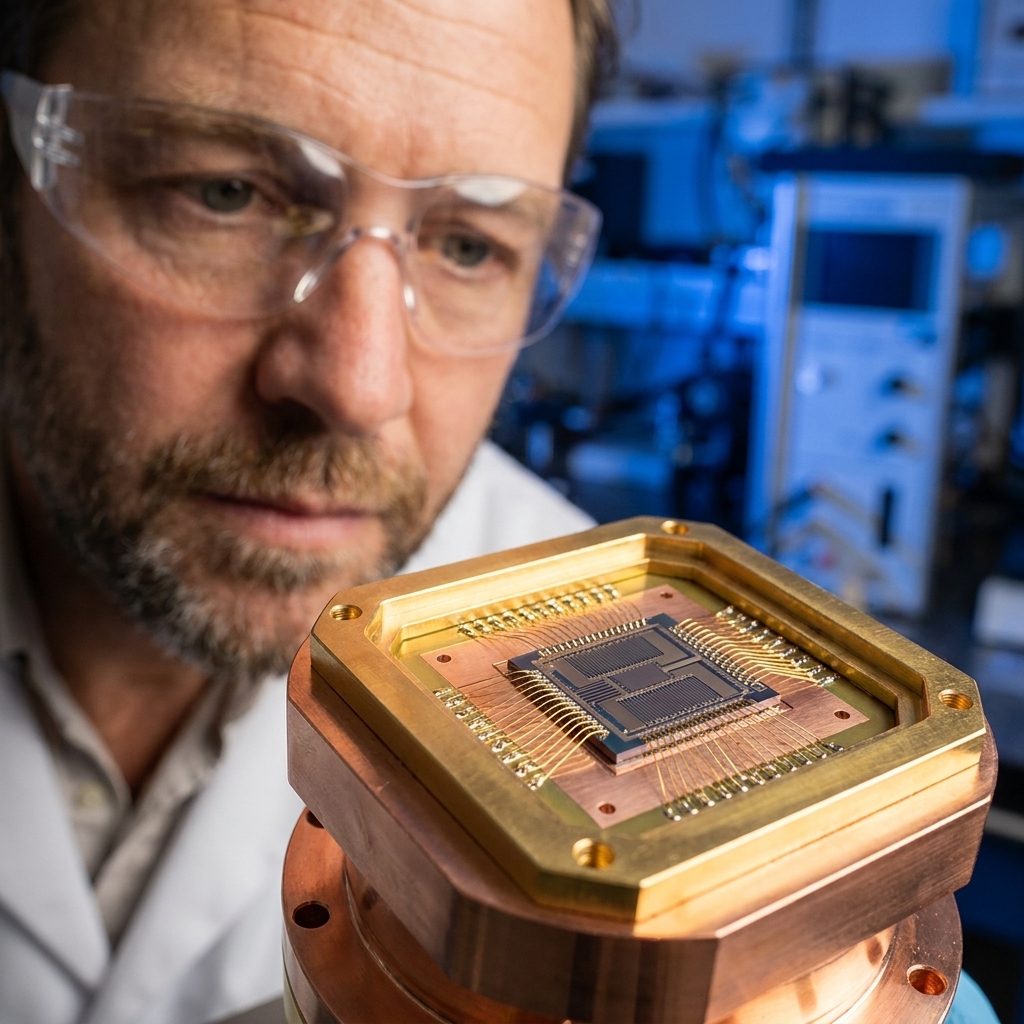 A close-up view of a superconducting qubit chip mounted on a metallic holder, with fine wire bonds connecting the chip to surrounding circuitry