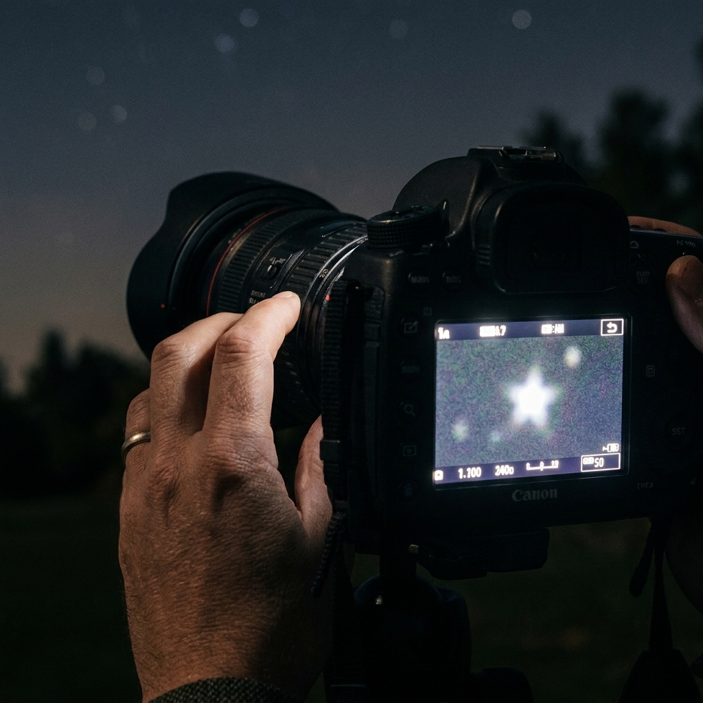 A close view of a DSLR camera screen in live view at night, zoomed in on a bright star while a hand adjusts the lens focus ring