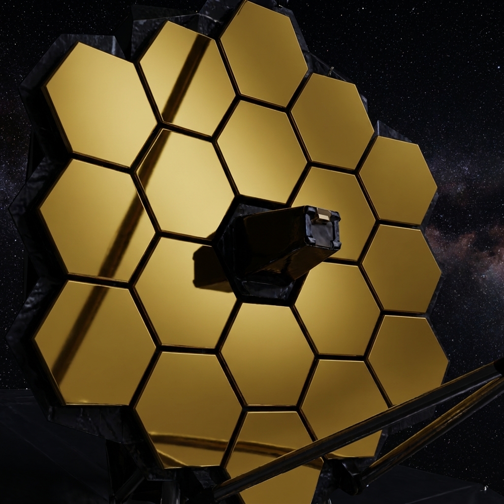 A close view of the James Webb Space Telescope primary mirror with its gold hexagonal segments reflecting dim starlight in space
