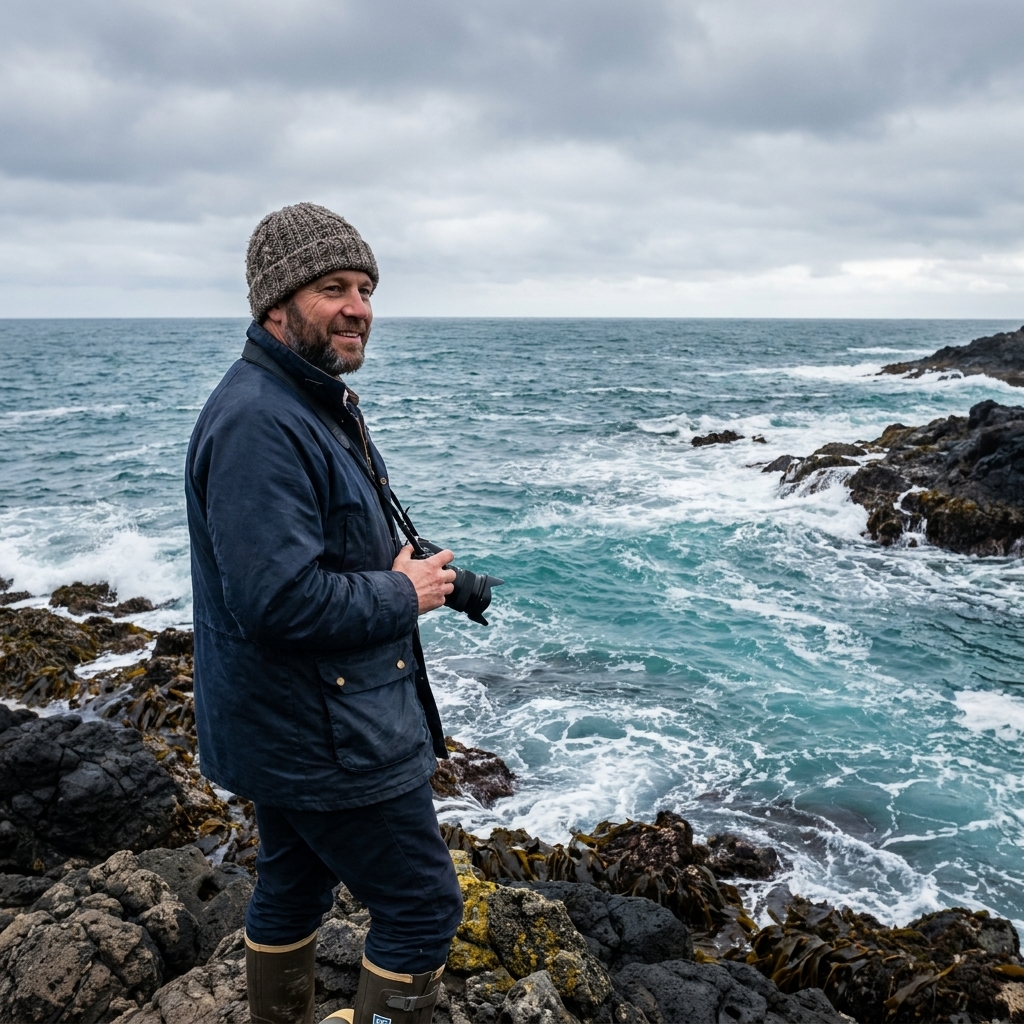 A coastal photograph showing choppy ocean water near a rocky shoreline under a cloudy sky, capturing the cold, nutrient-rich waters typical of upwelling regions