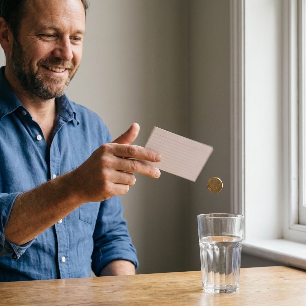 A coin resting on an index card placed on top of a clear glass, captured mid-moment as the card is flicked sideways and the coin begins to fall into the glass