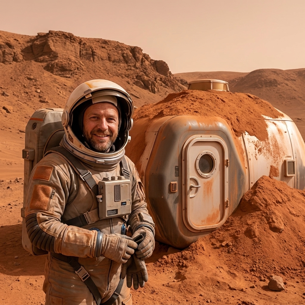 A compact Mars habitat module partially buried under reddish regolith, with a small airlock visible and distant rocky hills under a dusty sky