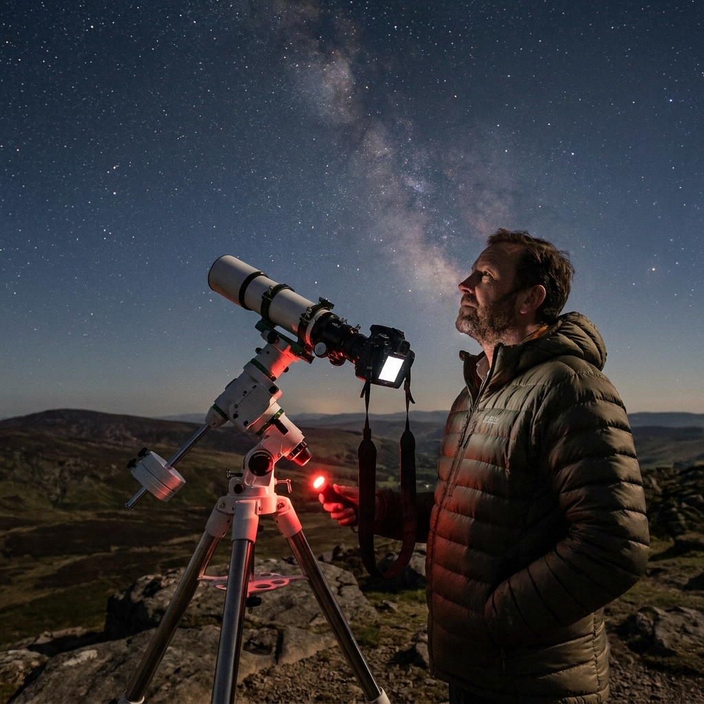 A compact equatorial tracker mount on a tripod holding a small refractor telescope, set up at a remote overlook with stars overhead