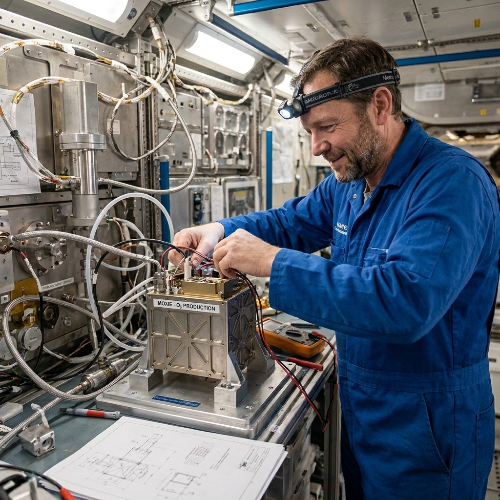 A compact oxygen-producing device integrated into a rover laboratory, with cables and metallic components arranged in a tight engineering test setup