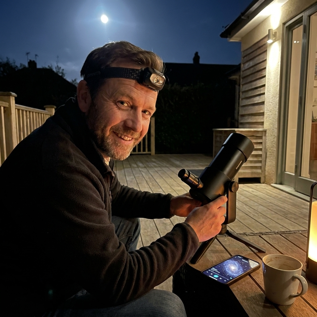A compact smart telescope on a small tripod set up on a suburban patio at night with a phone nearby showing an astrophotography session