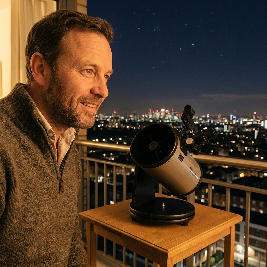 A compact tabletop telescope set on a small balcony table at night with city lights in the distance and a clear patch of sky above