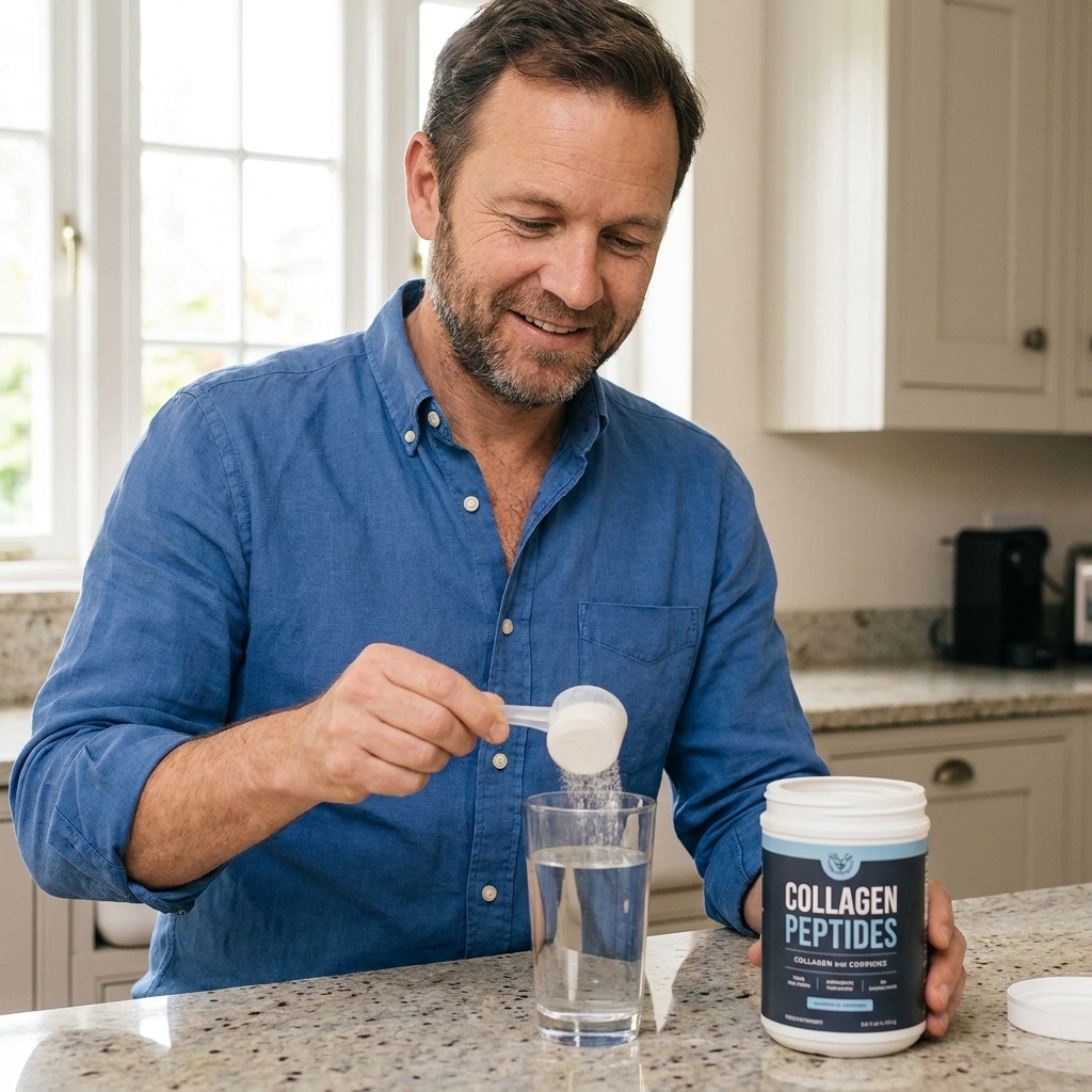 A container of collagen powder with a scoop on a kitchen counter next to a glass of water