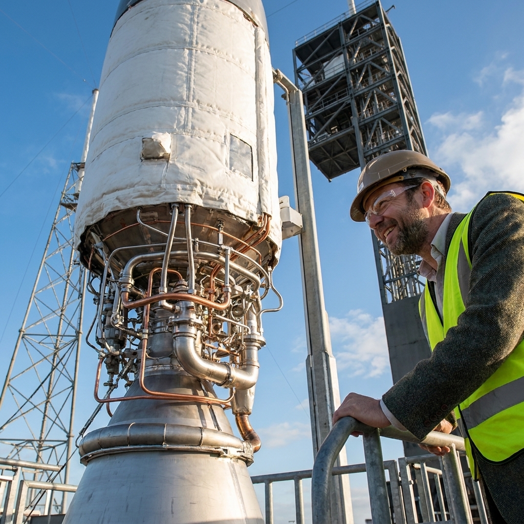 A cryogenic upper stage mounted on a rocket with white insulation and visible plumbing lines near the engine section on a launch pad
