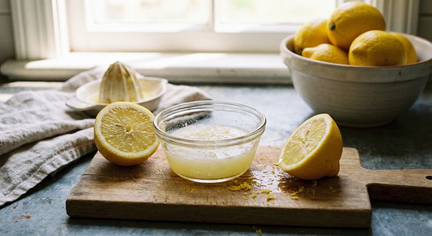 A cut lemon and a small glass bowl of freshly squeezed lemon juice on a kitchen counter