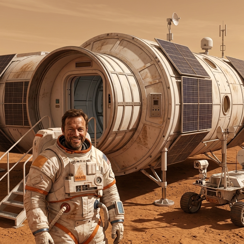 A cylindrical habitat module on the Martian surface with a sturdy airlock entrance and nearby equipment in a realistic mission concept setting