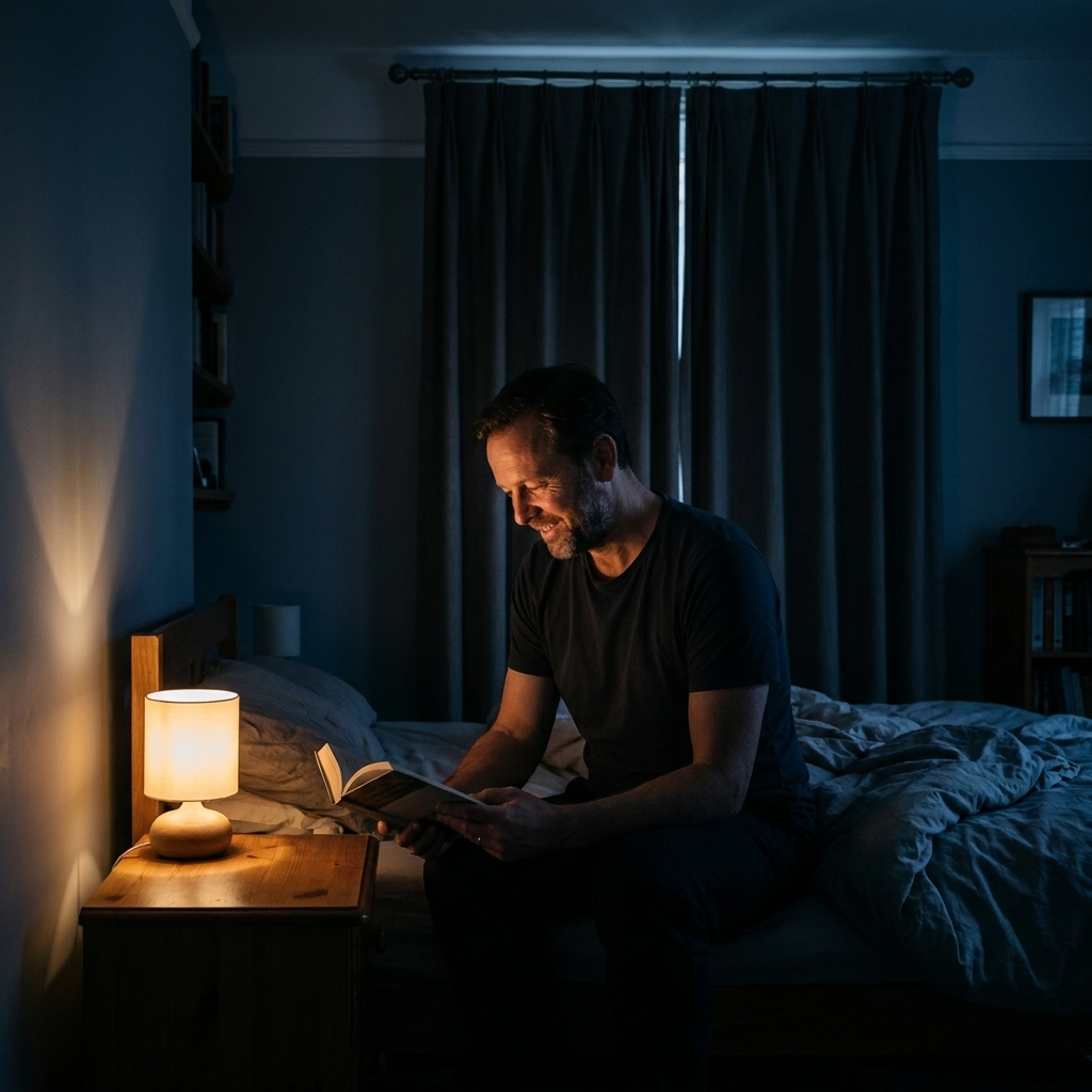 A dark, cool-looking bedroom with a small bedside lamp turned low and blackout curtains drawn