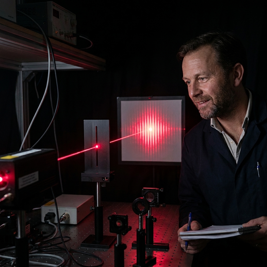 A darkened physics lab with a laser beam passing through a narrow slit apparatus toward a screen, producing a bright interference pattern on the screen