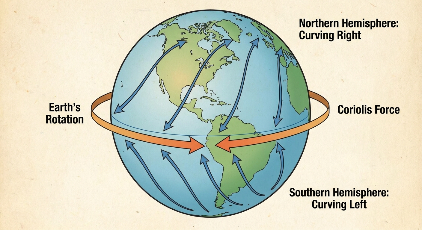 A diagram illustrating the Coriolis effect, showing moving air curving due to Earth’s rotation