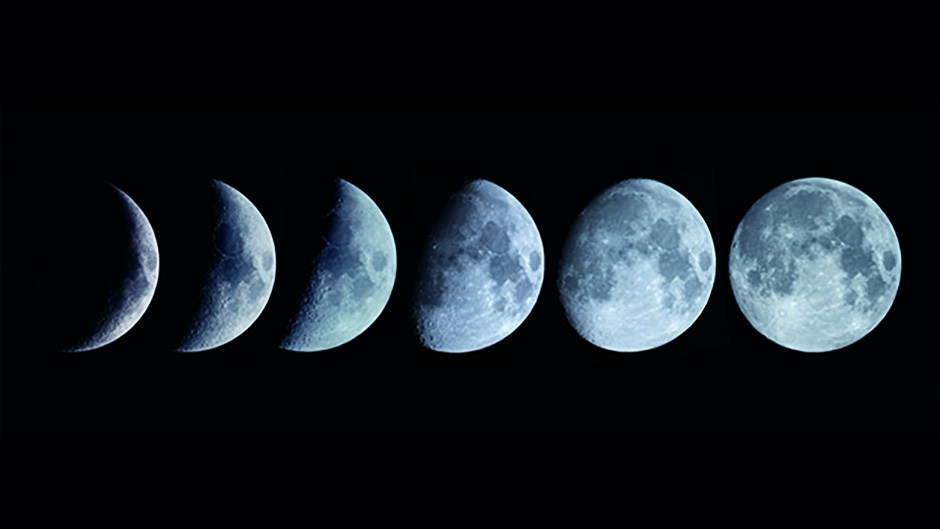 A diagram showing the Moon orbiting Earth with sunlight coming from one direction and the Moon’s phases labeled around the orbit.