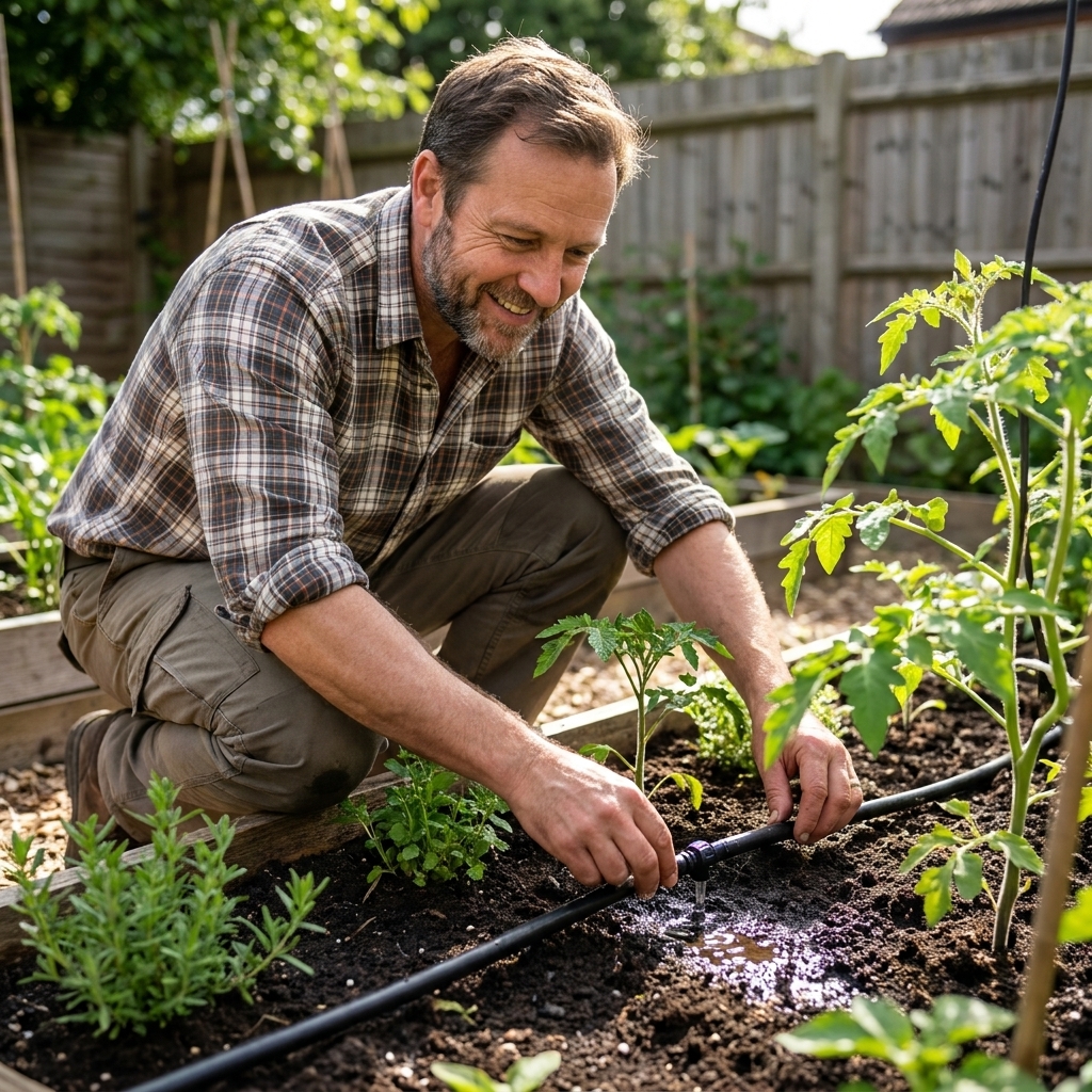 A drip irrigation line running along a backyard garden bed, wetting the soil near plant bases