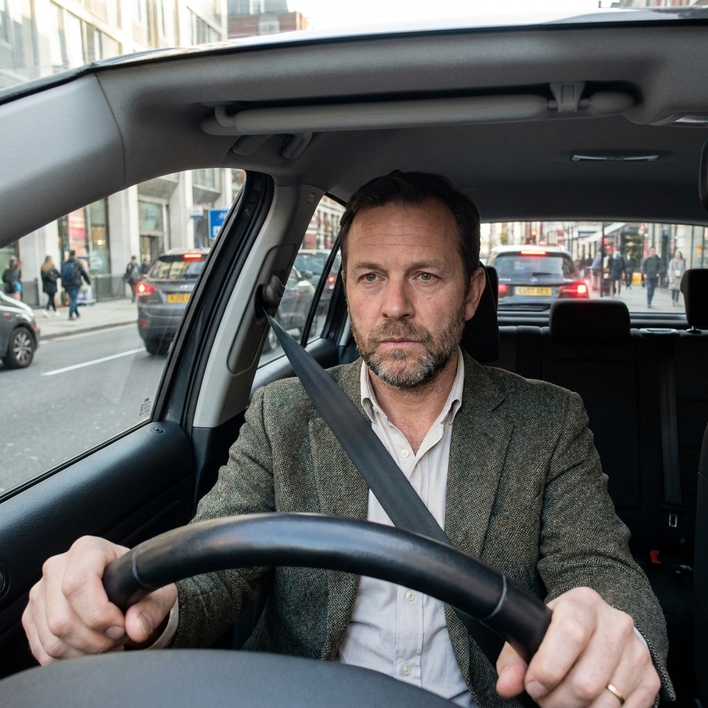 A driver wearing a seat belt in a car slowing down on a city street, with the belt visible across the chest
